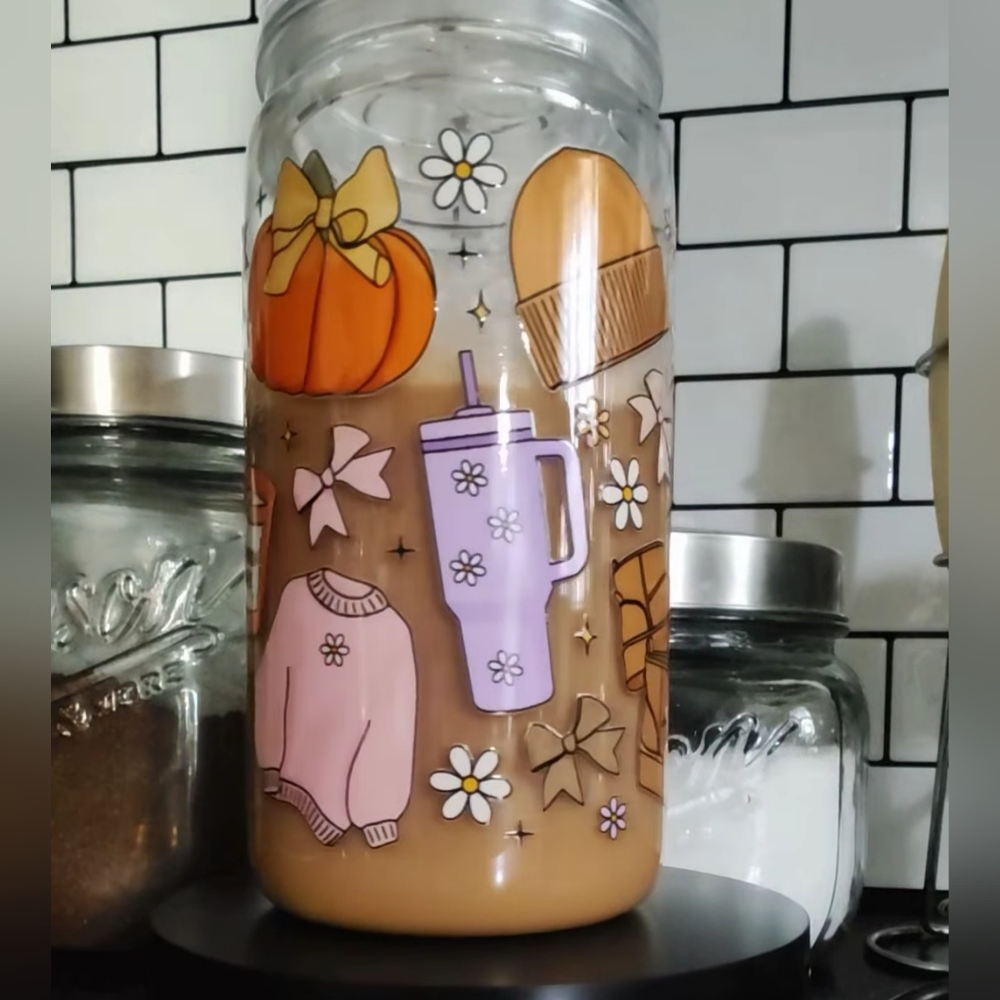 Autumn-Themed Glass Jar with Cozy Illustrations